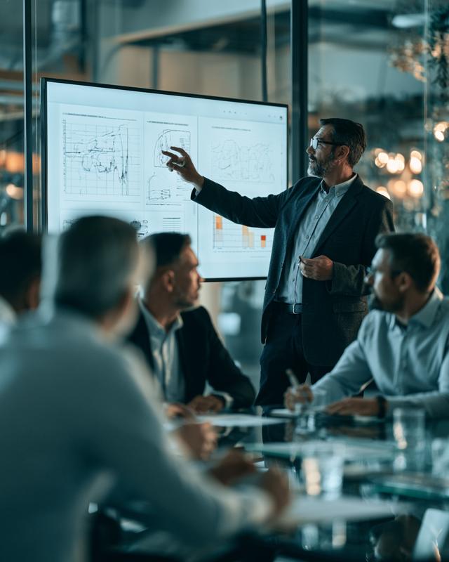 A presenter at a screen walking a meeting room of colleagues through team results