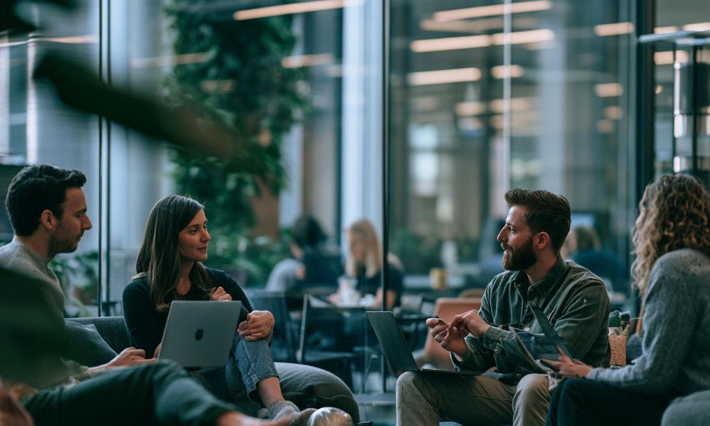 Colleagues talking informally in a relaxed office lounge