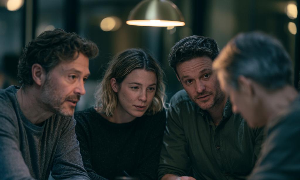 Four colleagues leaning in around a table in a focused, serious conversation